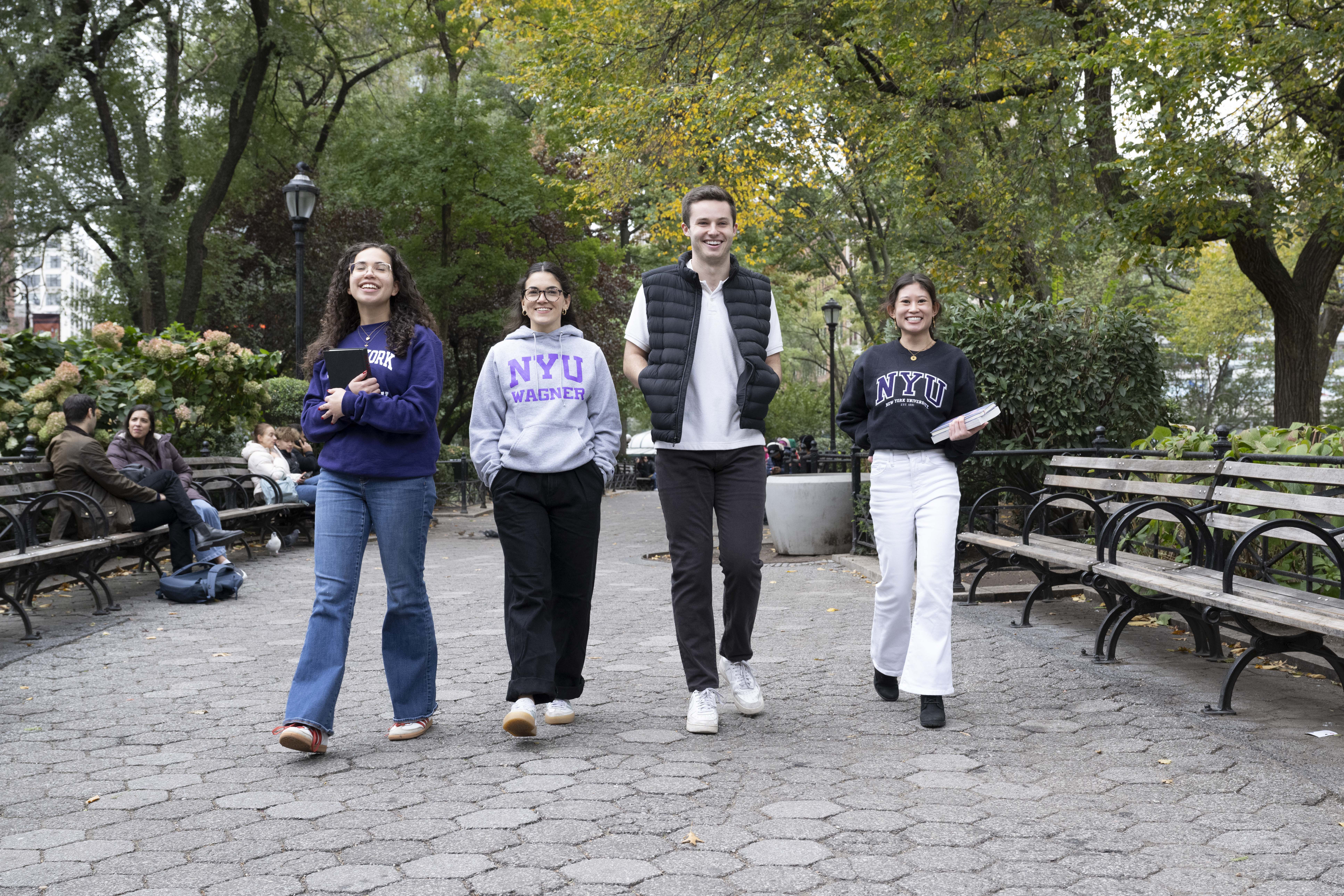 4 students walking in Union Square Park